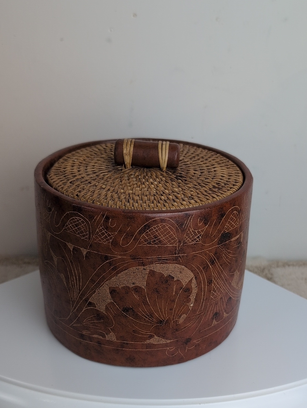 Handcrafted Brown Rattan and Ceramic Decorative Storage Jar